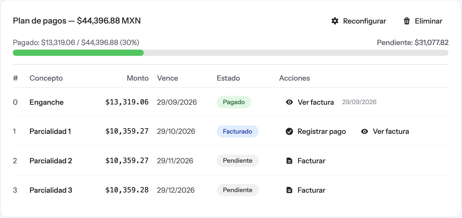 Plan de pagos de un contrato de previsión: enganche pagado, una parcialidad facturada y dos pendientes